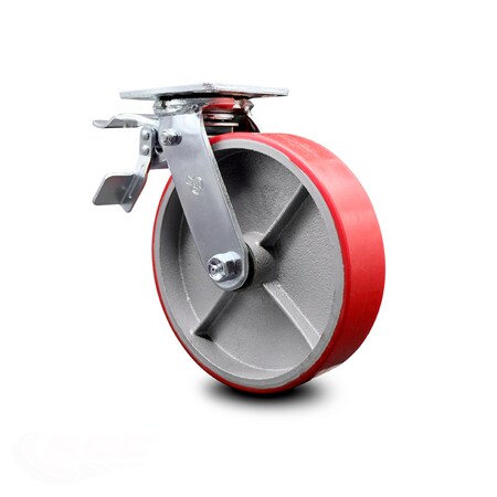 Service Caster 8 Inch Red Poly on Cast Iron Caster with Roller Bearing and Total Lock Brake SCC-TTL30S820-PUR-RS